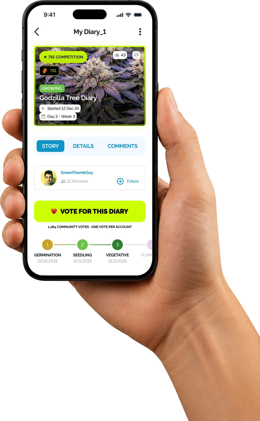 Hand holding a phone with a Harvested grow diary